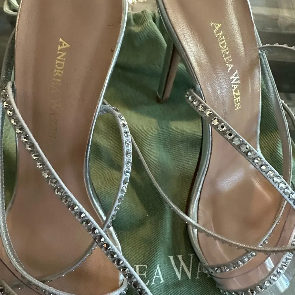 Andrea Wazen Silver Strappy Heels with Rhinestones